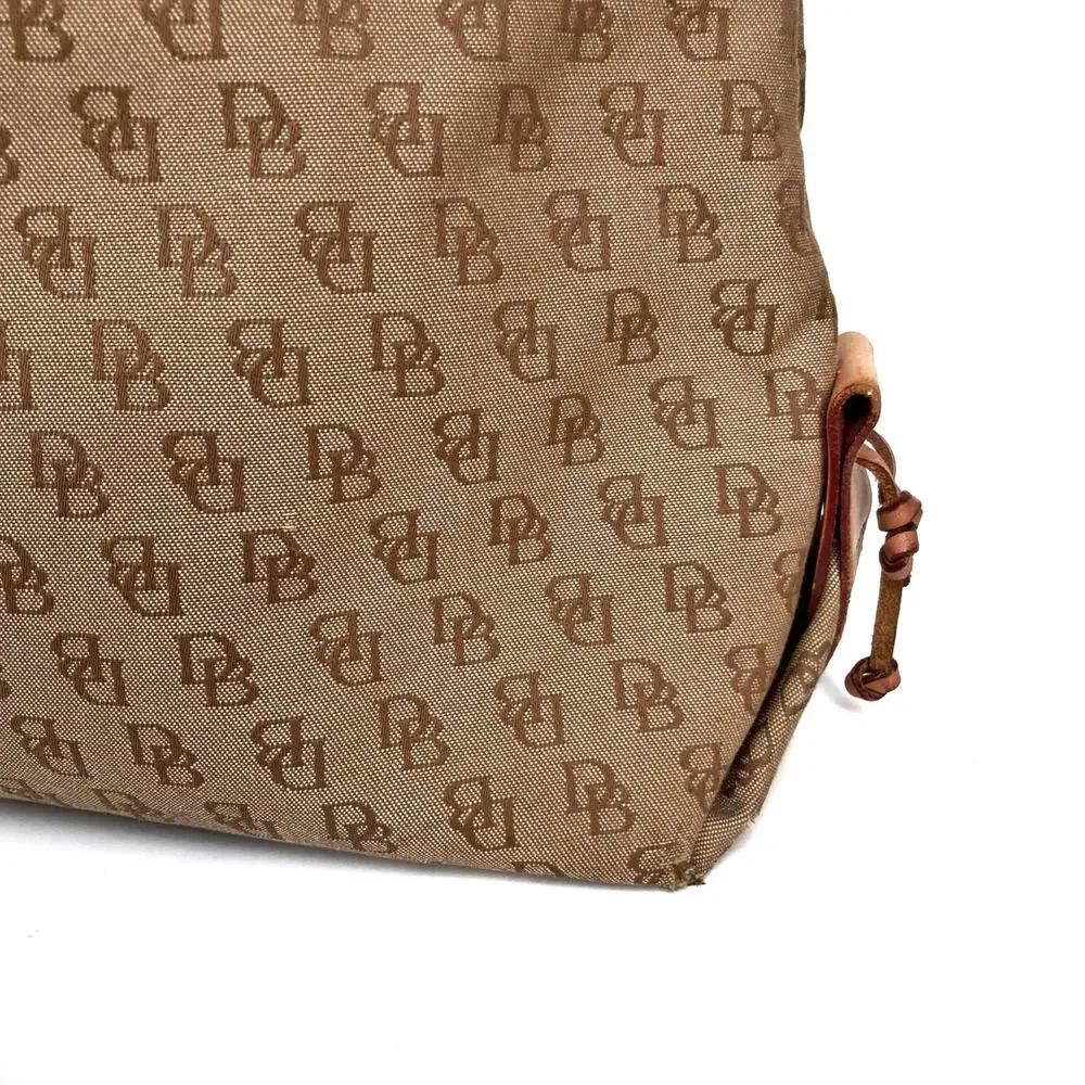 Y2K Dooney Monogram Canvas Tote | Preppy Neutral Shoulder Bag with Leather Trim - Picture 14 of 16